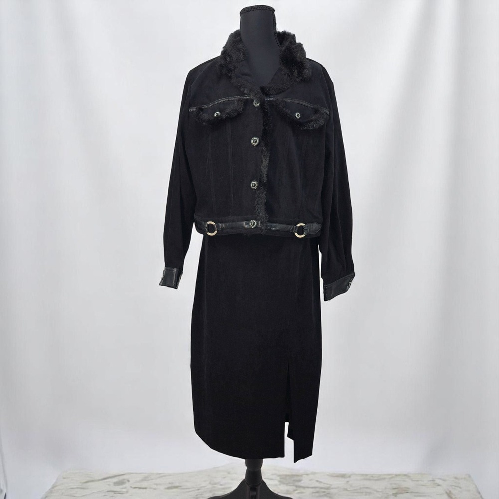 VTG Nancy Bolen City Girl Petite Skirt‎ Set Jacket Faux Fur Trim Black Woman XL